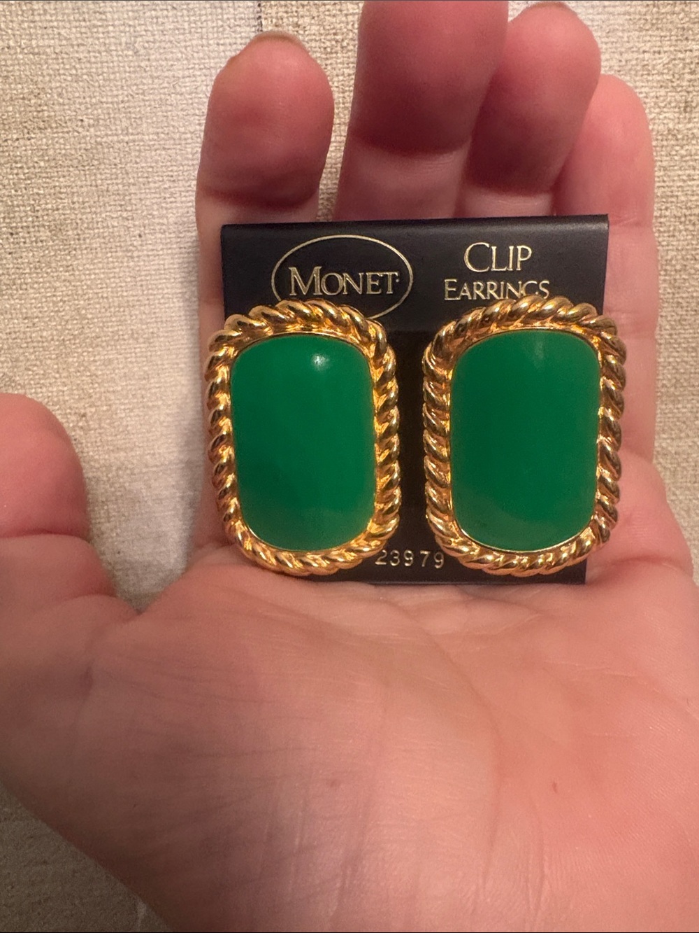 Deadstock Mint Monet Gold-Tone Clip Earrings with Green Enamel Centers